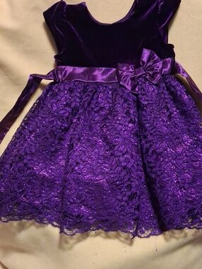 Purple Lace & Velvet Flower Sash Dress for Girls
